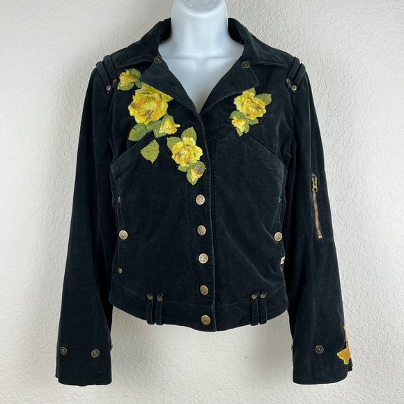 Johnny Was Embroidered Corduroy "Yellow Rose of Texas" Jacket Size XS Black Boho - Picture 2 of 12